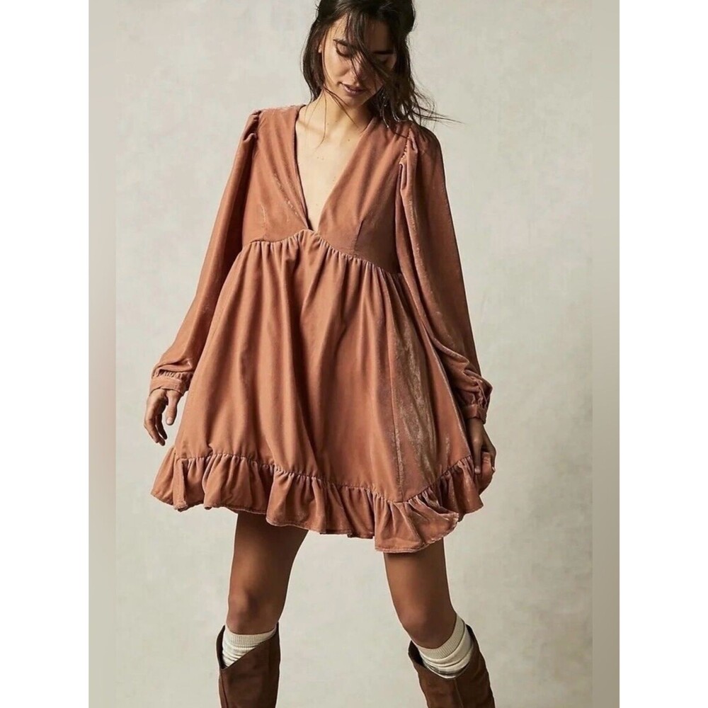 Free People Estella Velvet Mini Dress XS Boho Chic Oversized Babydoll Peach